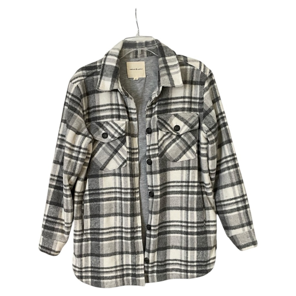 Thread & Supply Women Grey Plaid Flannel Shacket Size Small, Button Down